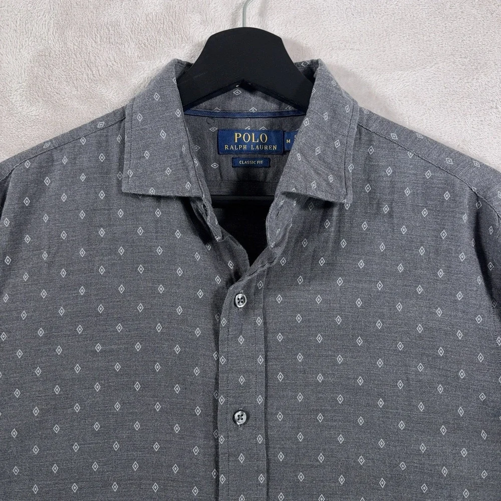 Polo Ralph Lauren Button Down Shirt Mens Medium Gray Geometric Print Cotton